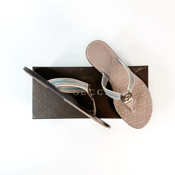 GUCCI Nude Web Stripe GG Sandal 37.5 Flat Flip Flop Leather Guccissima Embossed - Picture 2 of 13